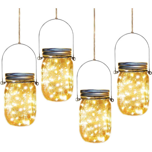 Aikeve Solar Mason Jar Lights,4 Pack 30 Led Starry Fairy String Hanging Jar Lights,Solar Lanterns for Outdoor Patio Party Garden Wedding Christmas Decorations Lights